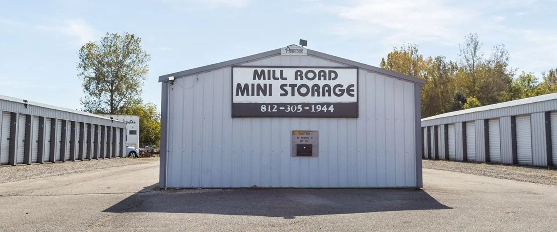 Mill Road Mini Storage building with sign